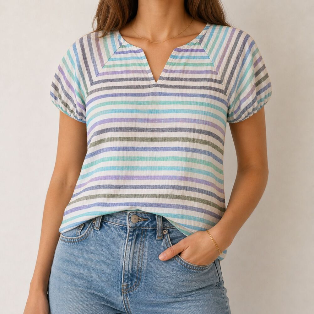 Tahari Top Shirt Womens XL Stripes Linen Boxy Short Sleeve Beach Lightweight